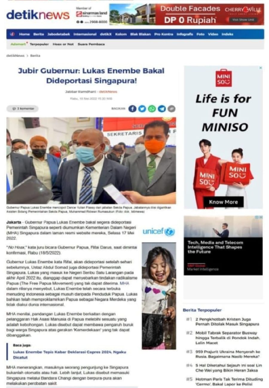 Kembali Diterpa Hoax Soal Dideportasi Singapura, Gubernur Enembe Minta Penegakan Hukum